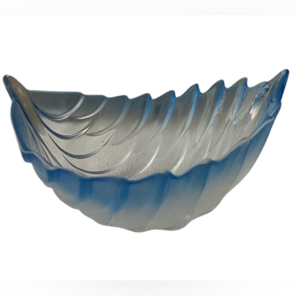 Mid Century Walther glass leaf feather art blue ombré bowl 6” tall x 11” wide